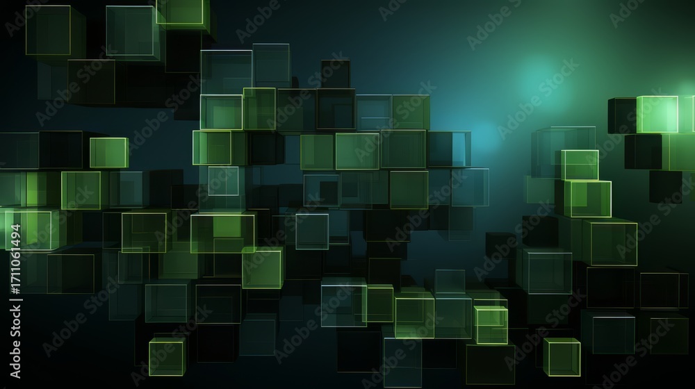 Poster green and black image of blocks with a blue background. the blocks are arranged in a way that create