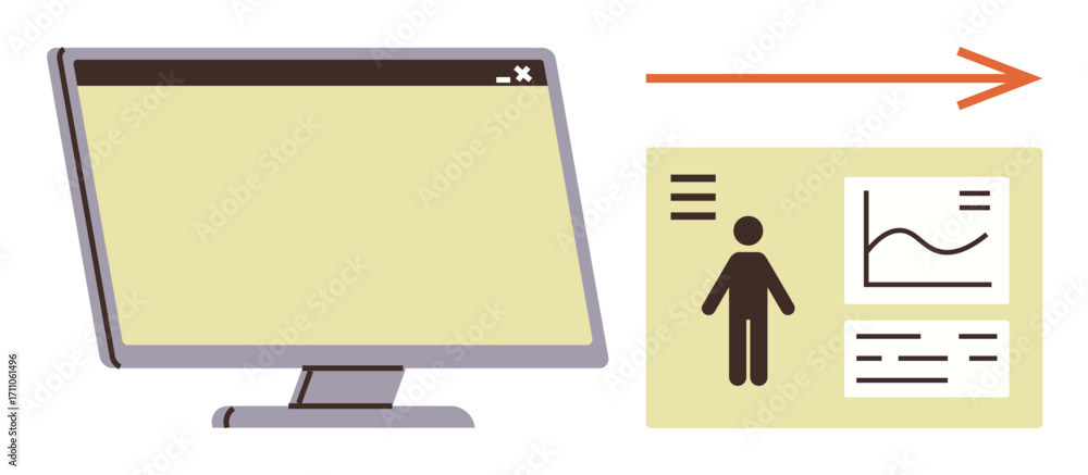 Poster computer screen with arrow connecting to profile chart featuring personal details, line graph, and t