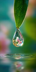 Water Drop on Leaf Reflecting Flower with Ripples on Water Surface in Vertical Composition