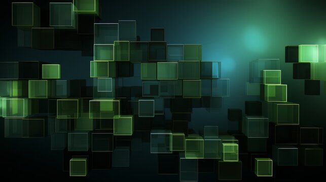Green and black image of blocks with a blue background. The blocks are arranged in a way that creates a sense of depth and movement. The image conveys a feeling of creativity and innovation