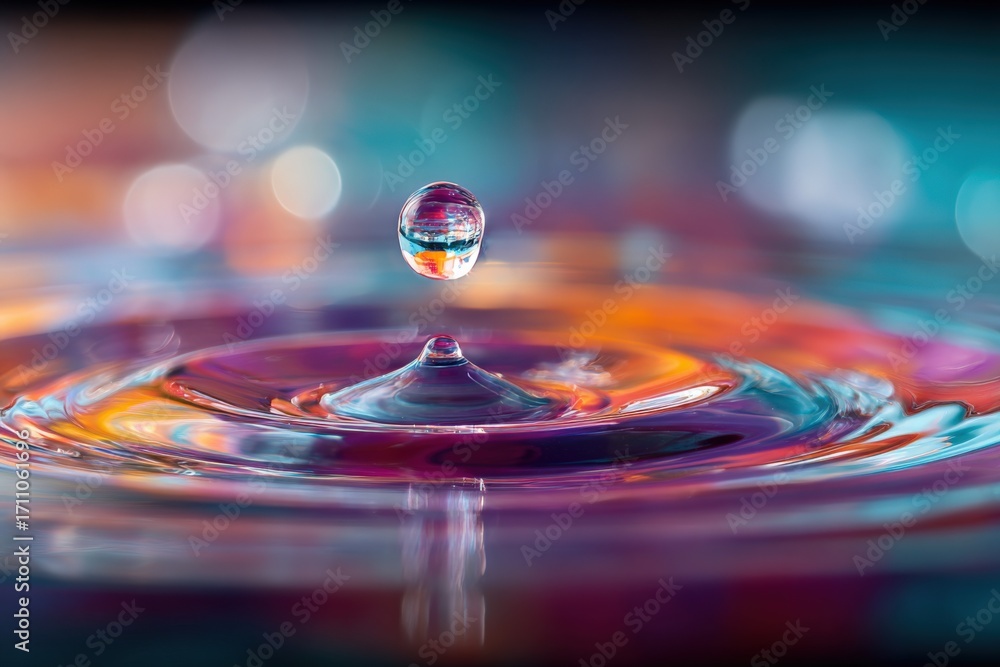 Poster abstract colorful water drop collision macro photography with vibrant reflections and ripples backgr