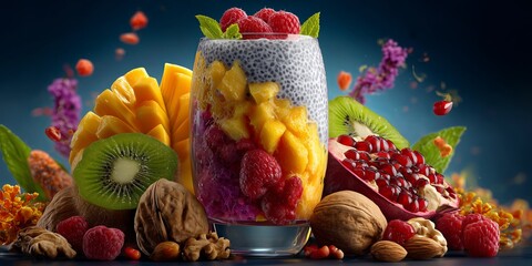 A glass brims with layered fruit, nuts, and seeds, surrounded by vibrant produce and floral accents. The image radiates freshness, health, and colorful indulgence. Healthy food concept.