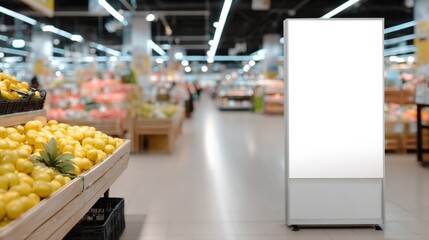 Blank Signage Mockup in Supermarket Aisle for Advertising, Promotions, and Marketing Campaigns with Fresh Produce