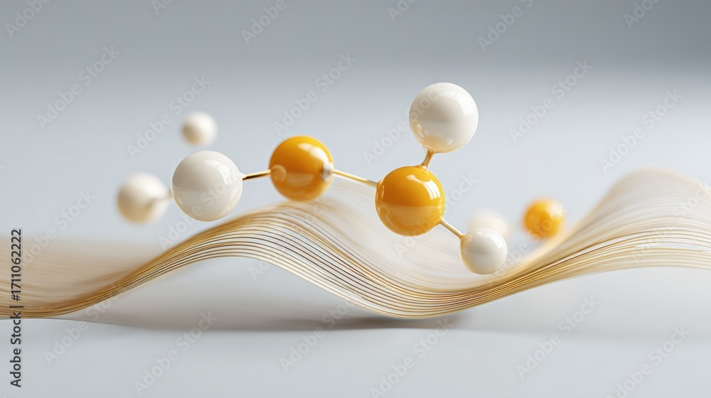 Poster abstract molecular structure with gold wave background, conceptual science and technology visualizat