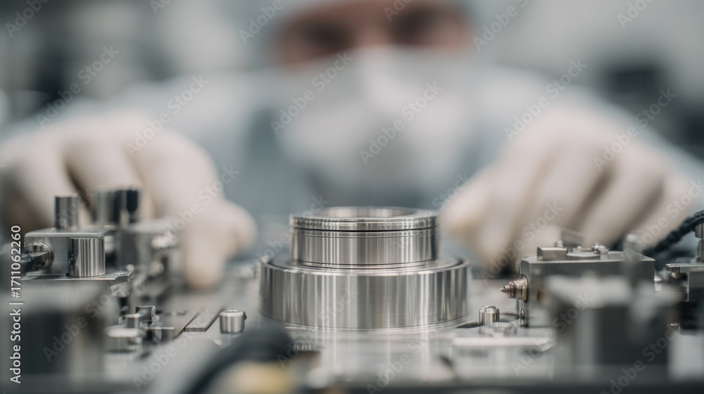 Aufkleber precision engineering: technician assembling high-tech components in a cleanroom environment for adv