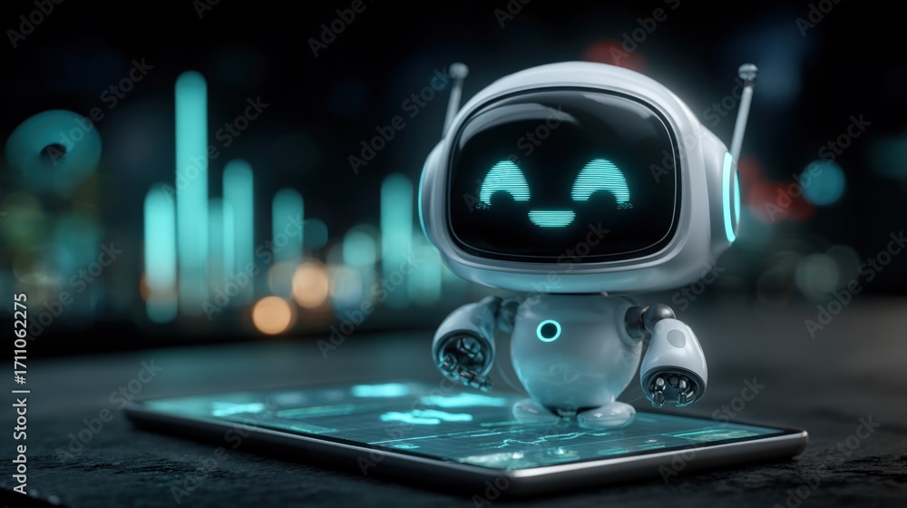Aufkleber cute ai robot standing on a smartphone displaying data visualizations, high tech digital world, futu