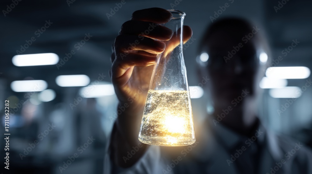 Poster scientist examining chemical solution in erlenmeyer flask, conducting research experiment in laborat