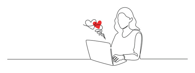 Woman with laptop computer in one continuous line drawing. Female user with dating app and heart in simple linear style. Searching love concept in Editable stroke. Oneline vector illustration.