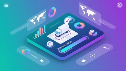 Modern global logistics and supply chain management dashboard interface with an isometric truck tracking shipment status and analyzing transportation data on a futuristic platform - Powered by Adobe