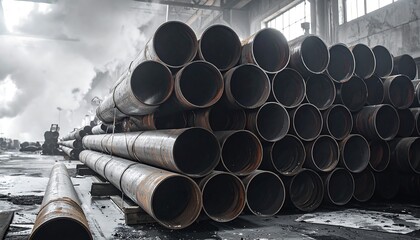 Stacked metal pipes fill a large industrial warehouse, creating a strong and functional image.