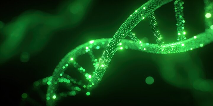 Glowing green DNA strand visualization with bokeh background, symbolizing biotechnology, genetics, and medical innovation