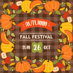 autumn fall fest square invitation card, autumn event background with hand drawn pumpkins, berries, leaves, banner, poster, creative vector illustration