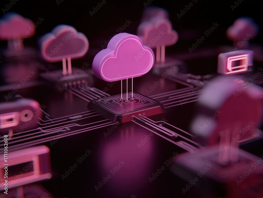 Poster cloud computing concept with abstract network and pink cloud icons representing data storage and con