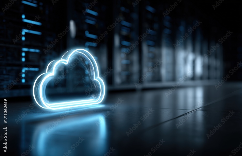 Poster cloud computing technology concept: glowing cloud icon in data center with servers