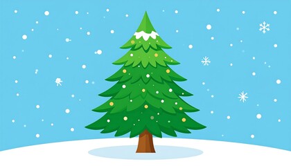 Naklejka premium A vibrant, stylized Christmas tree stands tall against a backdrop of falling snow and a light-blue sky, adorned with festive embellishments.