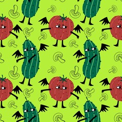 Halloween monsters vegetables seamless tomato and cucumber pattern for wrapping paper and fabrics