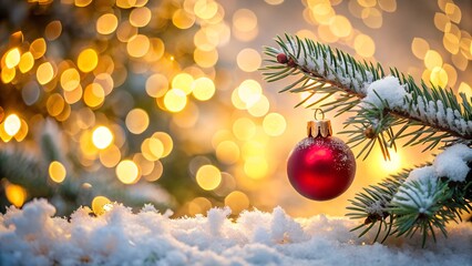 Obraz premium A single red christmas ornament hanging from a snowcovered pine branch, with a soft, warm bokeh background of blurred golden lights, evoking a cozy winter holiday feeling