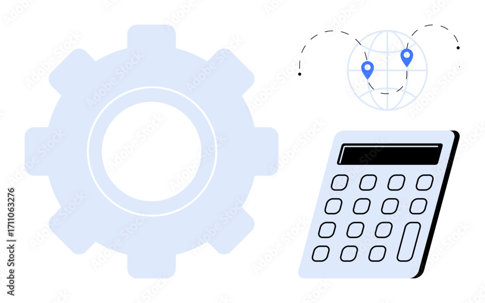 Poster gear and calculator complement globe with location pins, representing logistics, optimization, and a
