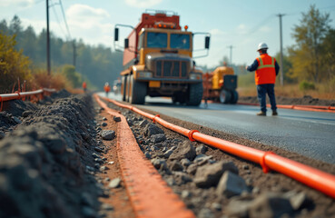 Road workers in safety gear construct new highway on sunny day. Heavy equipment, trucks on site. Orange utility cables run along fresh asphalt road. Shows modern infrastructure building for vital