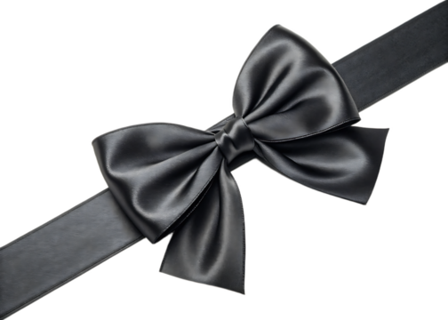 A diagonally placed black satin ribbon tied into a bow against a black background space for text