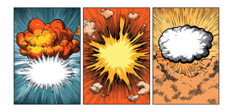 Colorful Explosion Comic Panels with Distinct Shapes and Styles for Graphic Use