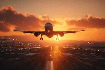 Fototapeta premium Commercial airplane landing at sunset on airport runway, beautiful golden hour light with airplane in flight and runway lights shimmering in the distance, travel destination.