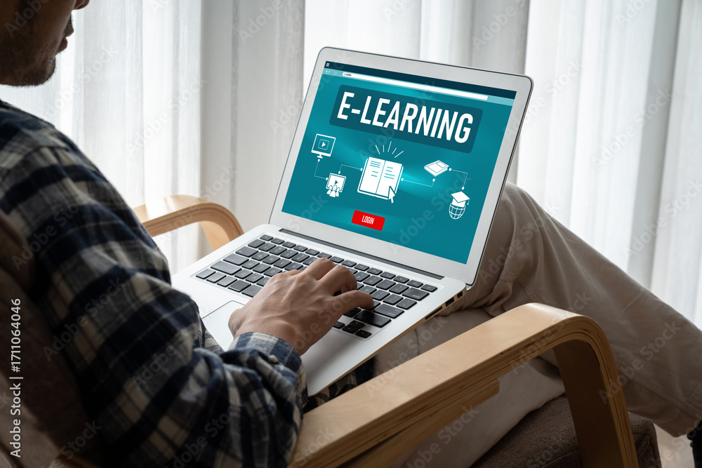 Poster e-learning website with modish sofware for student to study online on the internet network