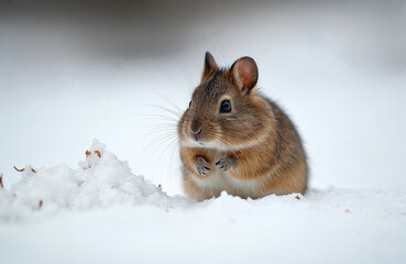 Small brown vole sits in fresh snow. Winter season animal looks around forest or field. Wild animal searches for food in cold weather. Cute furry rodent endures chilly temps.