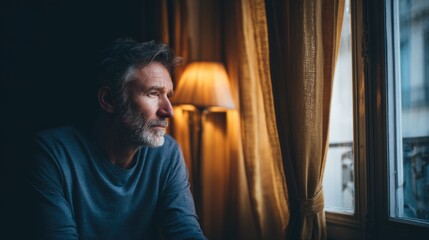 Mature man alone gazing sadly out window at home, reflecting on personal life challenges, deep in thought about intimate relationship difficulties and deep emotional distress.