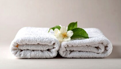 Folded white towels with jasmine flower