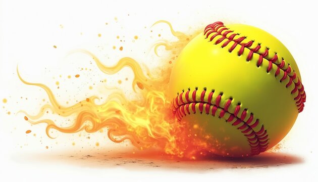 Yellow softball with red stitching blazes through flames and smoke. This dynamic sports illustration suggests power speed and intense action. Perfect for sports media and advertising.