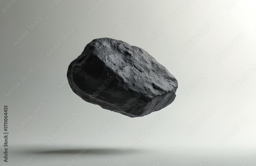 Poster dark rough stone isolated floating in empty space with shadow below. stone has uneven texture detail