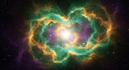 Abstract cosmic cloud of glowing gases in green, purple, and gold, space energy background for futuristic design