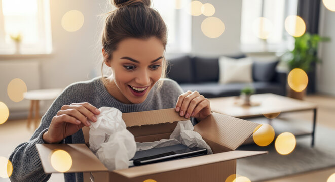 A delighted woman opens a package at home, symbolizing the joy of receiving an online purchase or an unexpected gift - Powered by Adobe