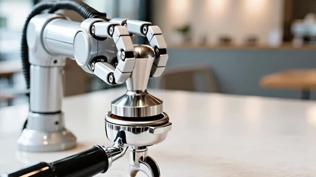 Robotic arm tamping coffee grounds in smooth lighting cinematic sequence. Robotic arm demonstrates precision with coffee grounds tamping process on countertop.