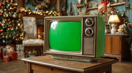 Old TV with a green screen on a table and Christmas decorations