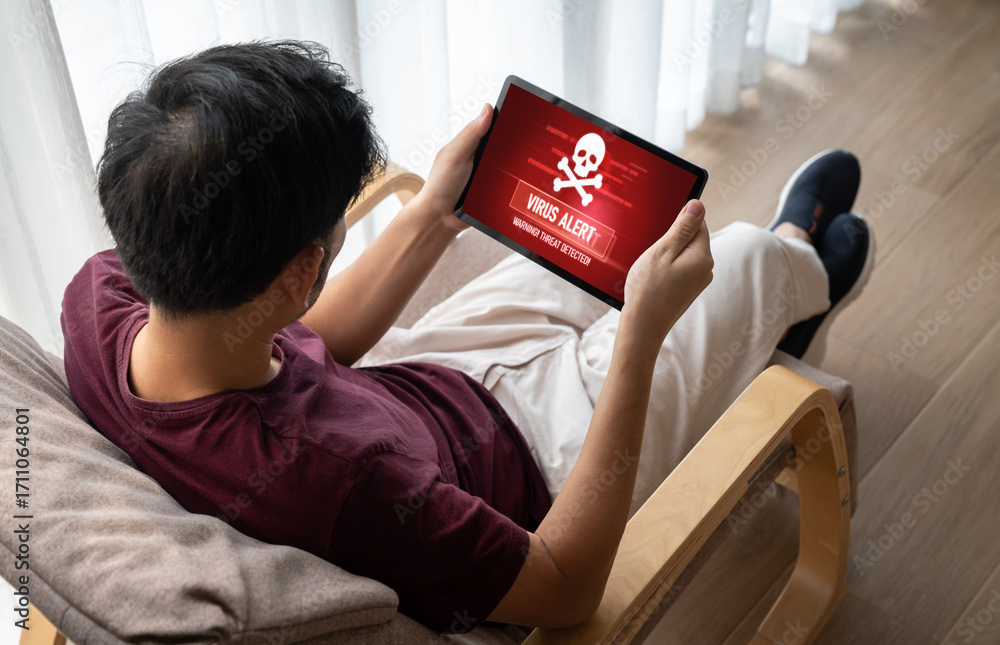 Poster virus warning alert on computer screen detected modish cyber threat , hacker, computer virus and mal
