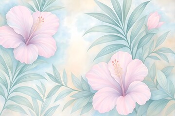 Tropical Wallpaper with White Hibiscus Flowers and Brown Palm Leaves. Elegant Wall Mural with White Hibiscus on a Subtle Textured Background. Botanical Wallpaper with a Seamless Tropical Pattern