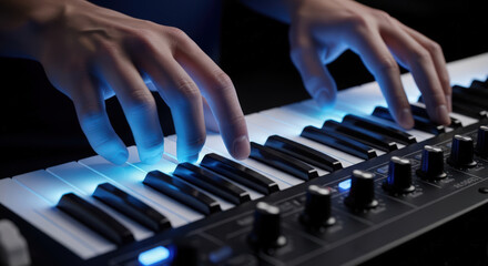Obraz premium A musician's hands on an illuminated electronic keyboard, symbolizing technology, sound creation, and modern music composition