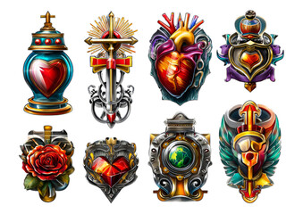 Collection of Vibrant Heart and Shield Emblems in Unique Art Styles