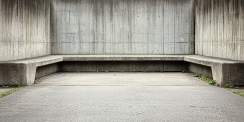 Large, empty concrete bench sits in the middle of a grey concrete wall. The bench is long and narrow, with no one sitting on it. The wall is also empty, with no signs or decorations visible