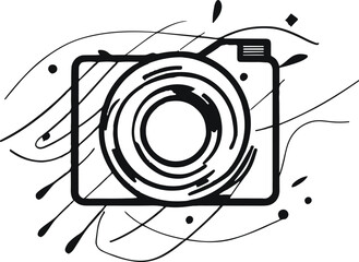 Black bold outline with white background, Black outline of camera shutter icon with abstract lines, photography symbol 2