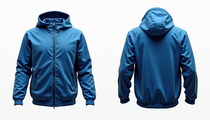 Blue windbreaker jacket mockup on white background. Front and back view of jacket. Hooded jacket with zipper closure. Long sleeves, elastic cuffs and hem.