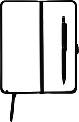 Black bold outline with white background, Minimal black outline of notebook with pen on side, creative workspace 1