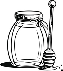 Black bold outline with white background, Minimal line art of honey jar with honey dipper, food illustration