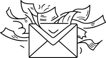 Black bold outline with white background, Minimal line art of mail envelope with paper flying out, communication concept 1