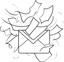 Black bold outline with white background, Minimal line art of mail envelope with paper flying out, communication concept 3