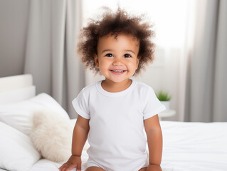 Fototapeta premium Portrait of a little child in white t-shirt. Can be used as a t-shirt mockup for your design, print or lettering. 