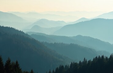 Layered mountain range shows many peaks receding in soft morning haze. Coniferous fir pine trees thickly cover steep green mountain hillsides. Calm peaceful majestic natural landscape panorama view