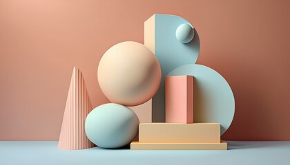 abstract geometric sculpture soft pastel palette 3d minimalism balanced composition smooth matte finish
